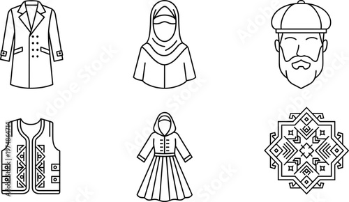 Traditional Caucasian and Central Asian cultural line icons set featuring national ethnic clothing, chapan coat, papakha wool hat, niqab, ornamental vest, and geometric pattern.