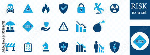 A collection of blue risk and hazard icons depicting danger safety measures and potential threats high quality professional detailed modern elegant stylish clean
