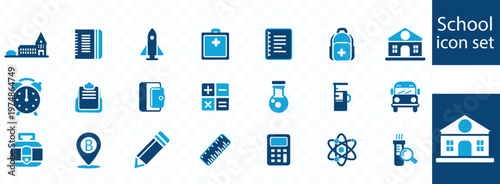 A collection of flat blue icons representing various elements of school life including buildings supplies and learning high quality professional detailed modern elegant