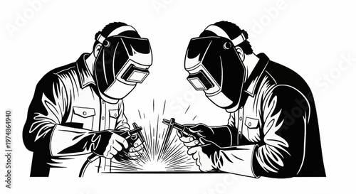 Black and white vector illustration of two industrial welders in protective gear using welding torches on a metal joint with sparks flying, isolated against a white background.