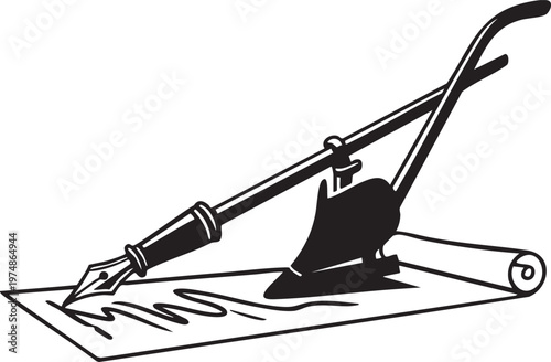 Manual Plow Drawing Soil Silhouette, Traditional Farming Agriculture Tool Vector Illustration