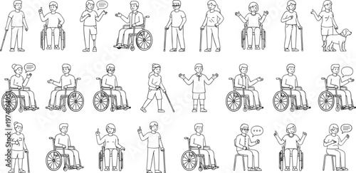 Vector set of diverse people with disabilities including wheelchair users and visually impaired for accessibility and inclusion.