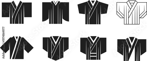 Traditional Japanese Kimono and Yukata Vector Silhouette Icon Set Featuring Authentic Cultural Garments, Eastern Fashion Apparel, and Minimalist Asian Clothing Symbols for Graphic Design Projects.
