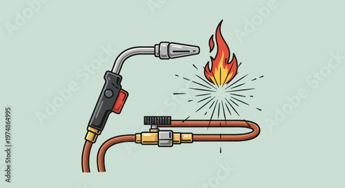 Vector illustration of a professional gas welding torch with an active flame and sparks near a curved copper pipe with a brass valve assembly on a plain light teal background.