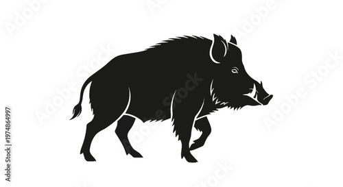 Black vector silhouette of a wild boar with sharp tusks and coarse hair texture, side profile view, isolated on white background, representing forest wildlife and hunting themes.