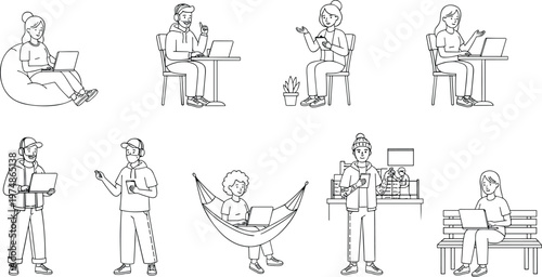 Vector set of young Gen Z freelancers working on laptops for digital nomad lifestyle and creative entrepreneurship.