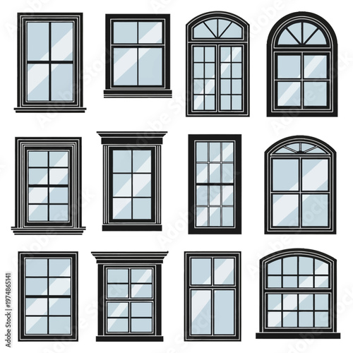 Collection of twelve architectural window designs featuring arched, rectangular, and decorative frames with black borders and light blue glass panes isolated on a white background.