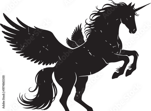 Majestic black unicorn with wings in mid flight motion