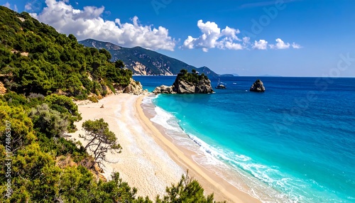 Scenic beach with turquoise water, lush trees, and rocky outcroppings under a vibrant blue sky with scattered clouds