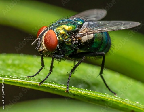 A stunning macro shot of a common fly, showcasing iridescent green body, large red eyes, and delicate wings. It rests on a green leaf