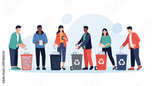 Group of diverse people standing in a line and actively participating in recycling by putting waste paper into several bins.
