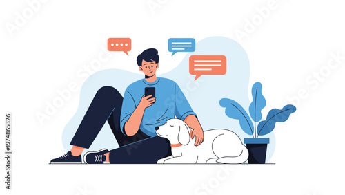 Young man sitting comfortably on the floor with his white dog while browsing on a smartphone with several speech bubbles above.