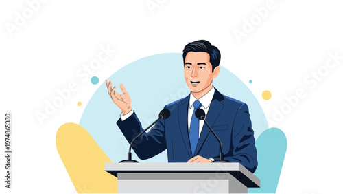 Confident public speaker standing at a wooden podium with dual microphones delivering a speech to an audience in a hall.