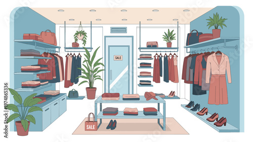 Clean and organized interior of a modern clothing boutique with various garments displayed on hangers and wooden shelves.