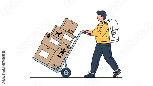 Smiling young man wearing a backpack while pushing a hand truck loaded with several cardboard boxes marked with paw prints.