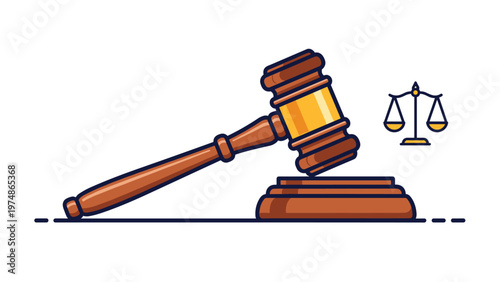 Large wooden judge gavel resting on its sound block next to a small golden icon representing the scales of justice and law.