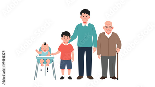 Four generations of male family members from a small baby in a high chair to an elderly grandfather standing side by side.