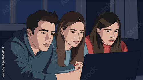 Three young friends huddled together in a dark room while intensely watching a movie or playing a game on a laptop computer.