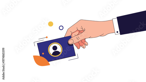 Person wearing a business suit and reaching out to hand over a professional blue business card featuring a human user icon.