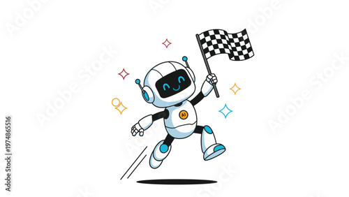 Small friendly white robot running with a checkered flag to celebrate a successful finish in an artificial intelligence race.