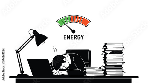 Exhausted businessman sleeping on his laptop at a desk piled high with paperwork under a low energy level indicator gauge.