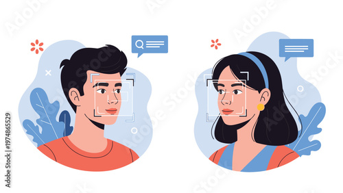 Man and woman being scanned by facial recognition technology with digital frames and search icons appearing over their faces.