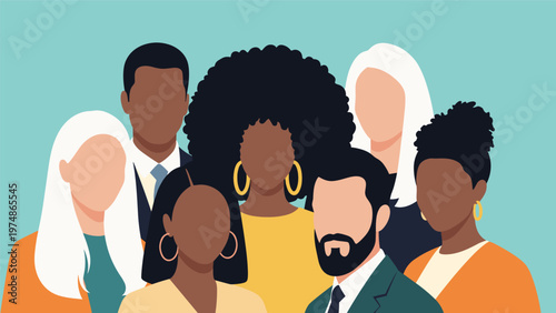 Large group of diverse people represented as faceless figures in colorful clothing standing together against a blue background.