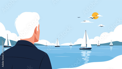 Man with white hair standing on the shore and looking out at the calm blue sea dotted with many white sailboats under a sun.