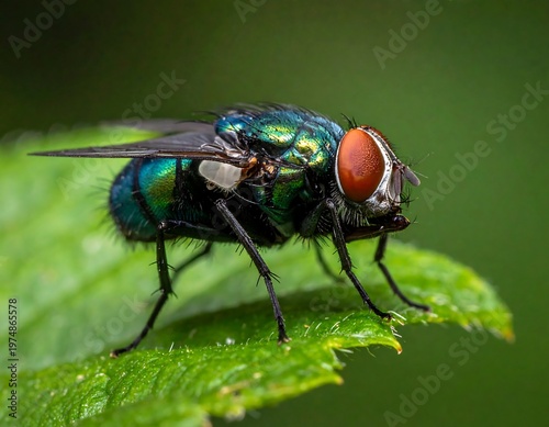A stunning macro shot revealing a vibrant, iridescent fly perched on a green leaf, showcasing its intricate details against a blurred backdrop