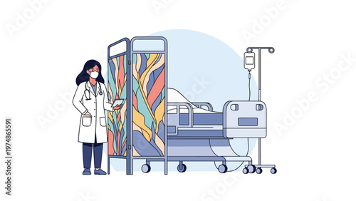 Female doctor wearing a mask and stethoscope standing next to an empty hospital bed with medical equipment in a clinic room.