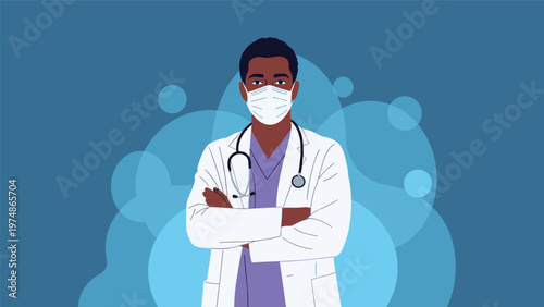 Professional male doctor of African descent wearing a white coat and a protective face mask with his arms crossed in confidence.