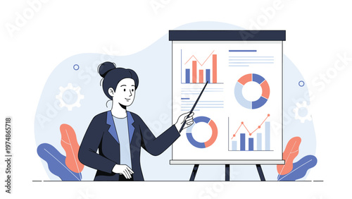 Professional businesswoman pointing at data visualizations on a flip chart during an analytical meeting in a modern office.