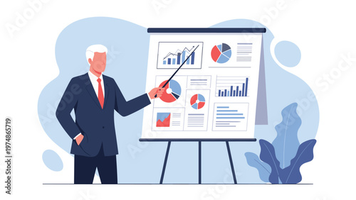 Senior businessman in a suit using a pointer to explain various financial charts and graphs during a corporate presentation.