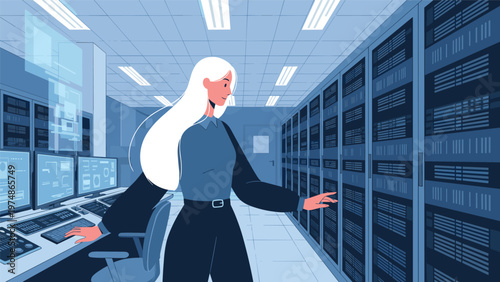 Technical specialist with long white hair working among server racks in a high tech data center environment for cloud computing.