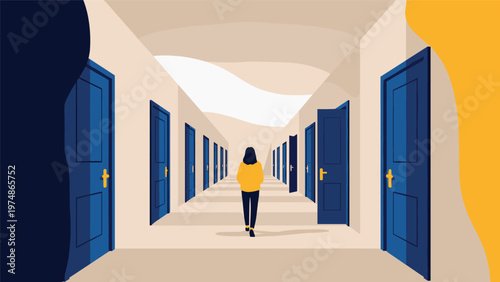 Person walking down a long perspective hallway filled with many blue doors to represent various choices and life paths.