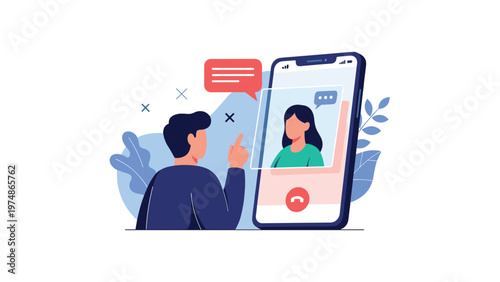 Man making a video call to a friend on a large smartphone screen while surrounded by abstract blue plants and decorations.