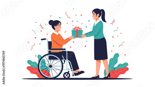 Kind woman giving a wrapped gift box to a smiling female friend sitting in a wheelchair with colorful confetti in the air.