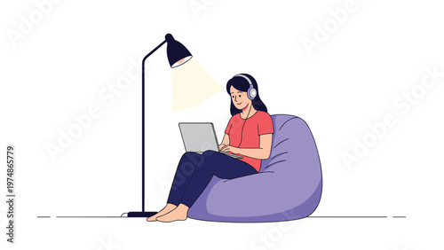 Female student sitting comfortably in a purple bean bag chair while using a laptop and wearing headphones under a lamp.