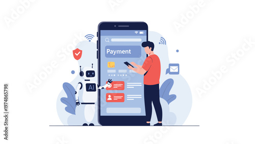 Young man interacting with a large smartphone screen for mobile payments next to a helpful artificial intelligence robot.