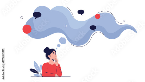 Thoughtful woman sitting with her hand on her chin while a large blue cloud of ideas and speech bubbles floats above her.