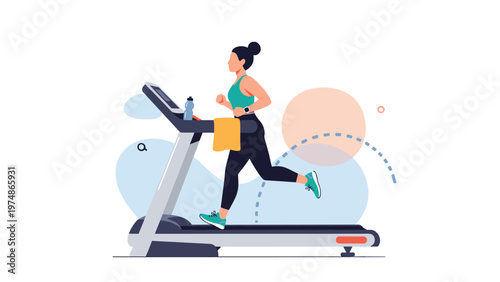 Active woman running on a modern treadmill machine with a water bottle and towel to stay fit and healthy during her workout.