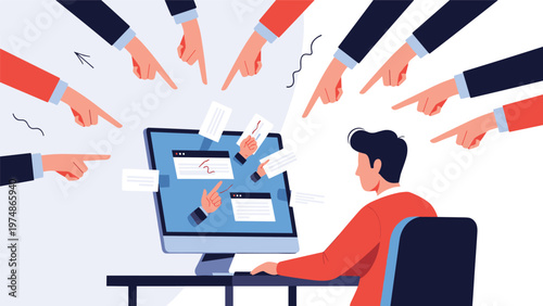 Frustrated man at a computer desk being pointed at by many hands to represent cyberbullying, criticism, or social pressure.