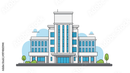 Modern architectural design of a large corporate office building with blue glass windows and green trees in the foreground.