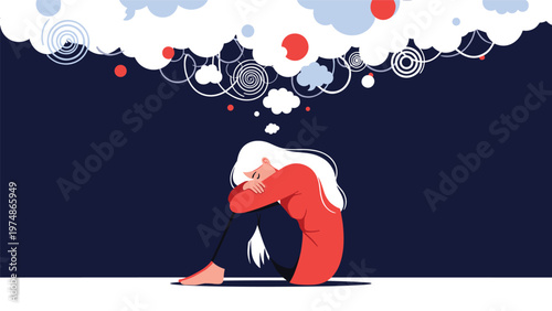 Sad woman curled up on the floor with a chaotic cloud of thoughts and red circles representing anxiety and mental health.