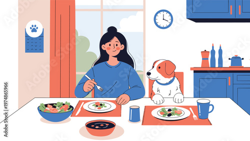 Woman enjoying a healthy salad meal at her kitchen table while her pet dog sits beside her in a bright and cozy room.