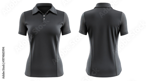 A dark gray women's polo shirt on transparent background