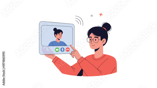 Young woman holding a futuristic virtual screen while making a video call to another person during a remote meeting.