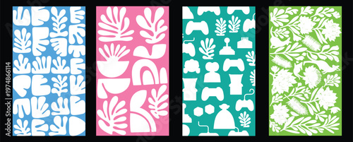 Vibrant floral and geometric patterned fabric collection with distinct color schemes vector illustration
