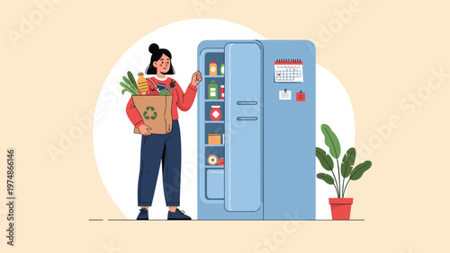 Young woman holding a brown paper bag full of fresh groceries stands next to an open refrigerator in her kitchen after shopping for food.