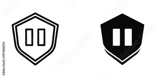 Contrasting shield logos featuring parallel rectangular bars in white and black designs